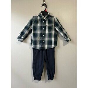 Chaps Toddler Boys Plaid Button-Up Outfit Navy Joggers Size 2T Dressy Fall
